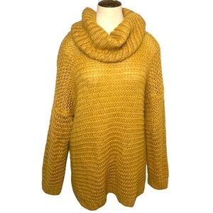 Made Italy Mustard Open Knit Sweater Mohair Blend Slouchy Turtle Neck Sz L/XL